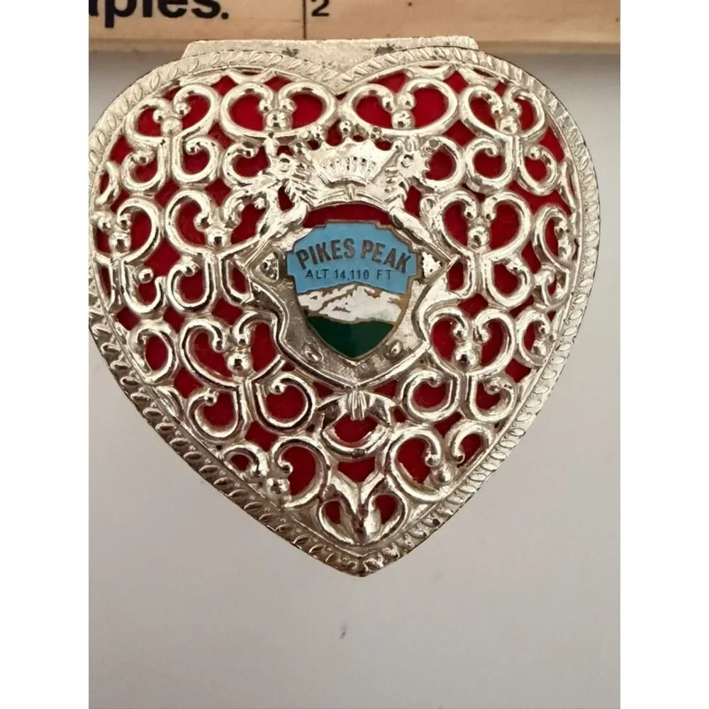 Vintage Heart-shaped trinket box with pikes peak emblem and red velvet liner